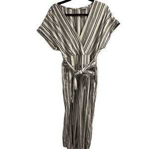 American Eagle Medium Cream Gray Striped Short Sleeve Belted jumpsuit.